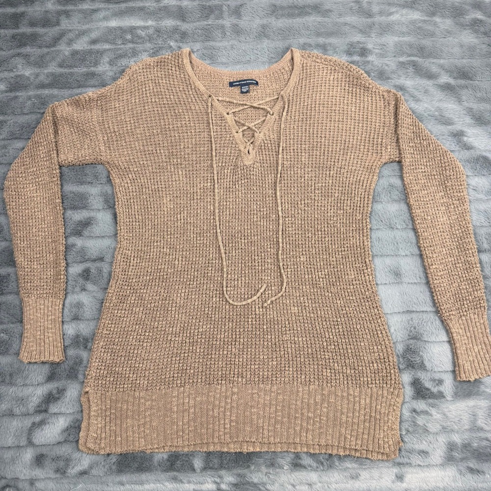 American Eagle Outfitters Womens Tan Lace Up V-Neck Waffle Knit Sweater Small